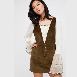 FREE PEOPLE Old School Love Olive Green Corduroy Mini Jumper Dress